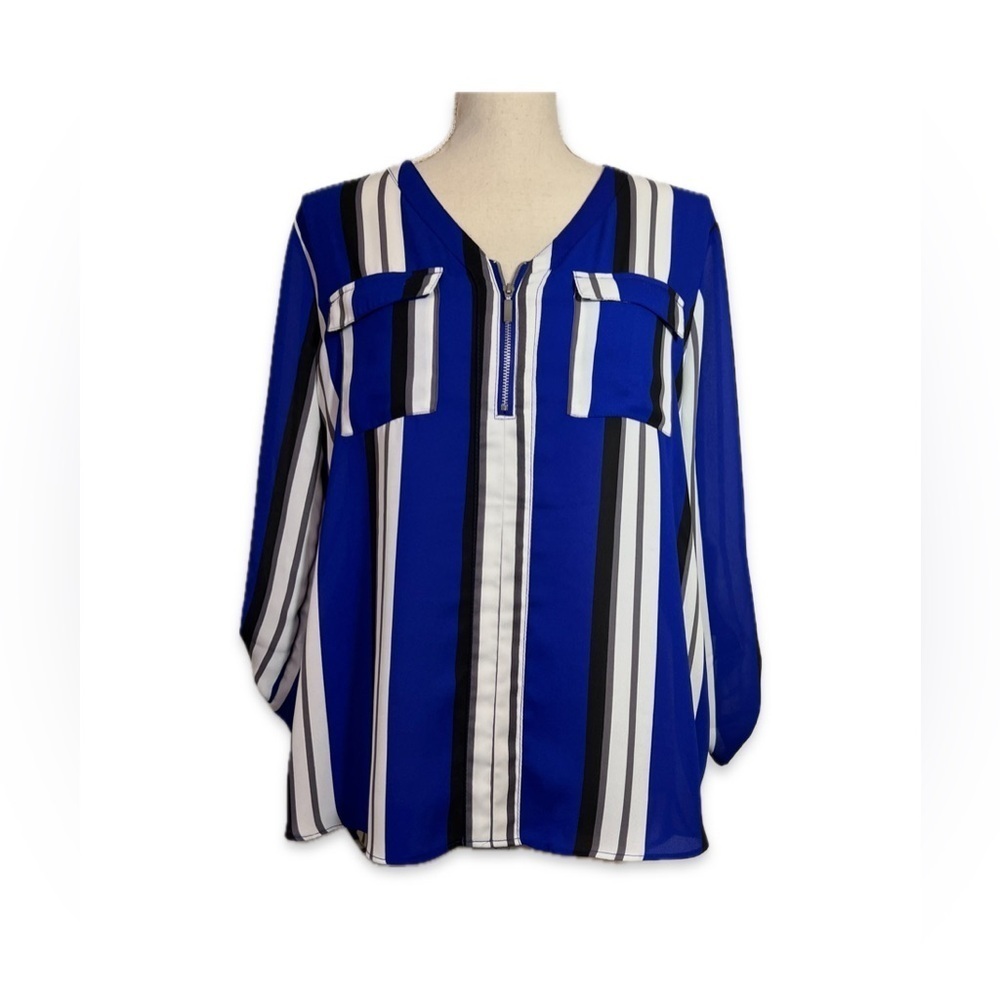 Cato Popover 3/4 Sleeve Blouse Size Large Royal Blue, Black and White